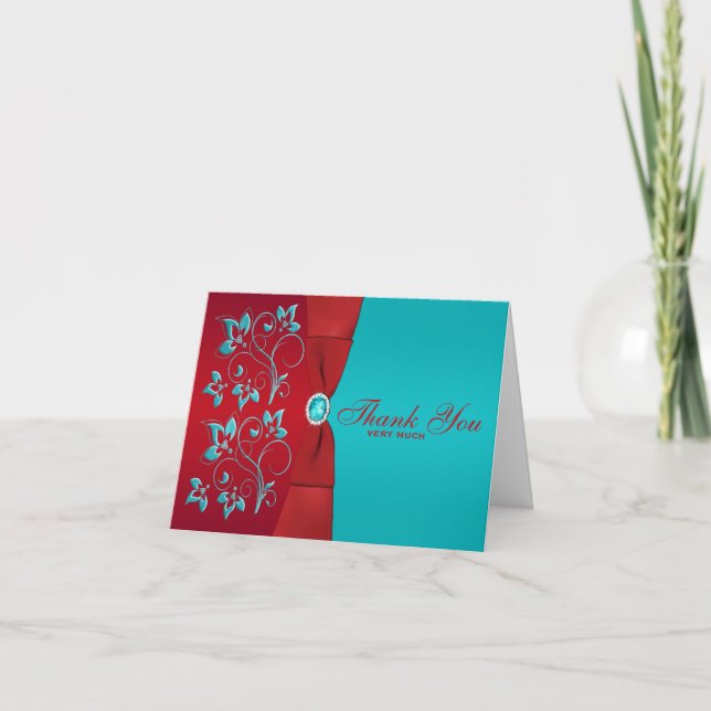 Carte de remerciements floral rouge, turquoise (Devant)