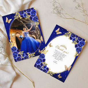 Carte De Remerciements Floral Royal Blue Gold Butterfly Quinceañera Photo