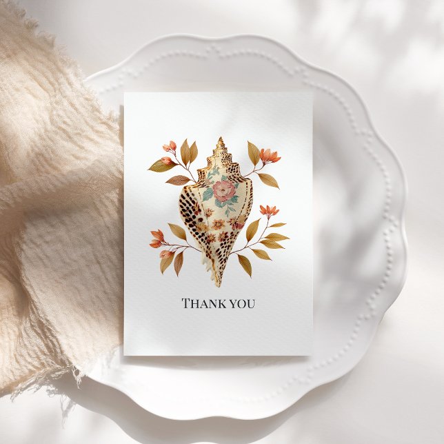 Carte De Remerciements Floral Seashell Coastal Nautical Beach Wedding (Floral Seashell Coastal Nautical Beach Wedding Thank You Card)