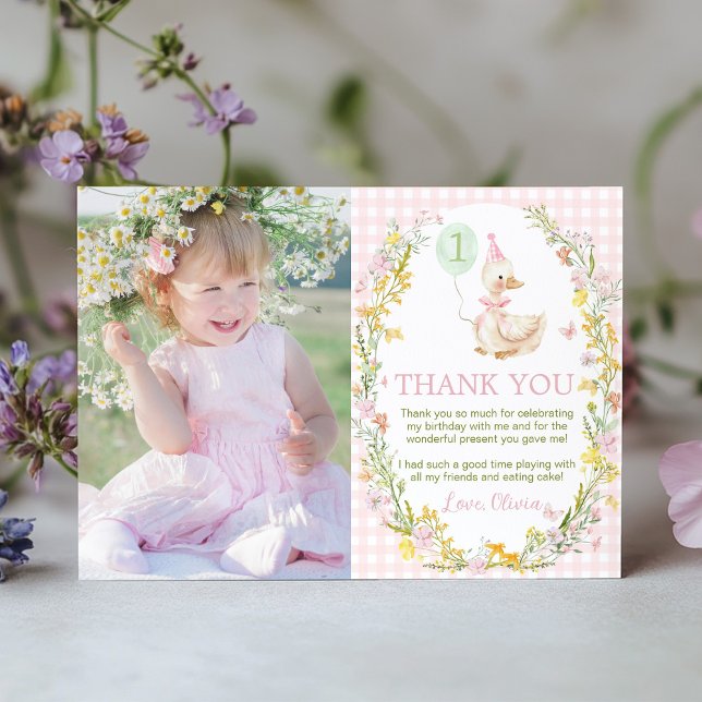 Carte De Remerciements Floral Silly Goose Cute Pink Girl Birthday Photo (Créateur téléchargé)