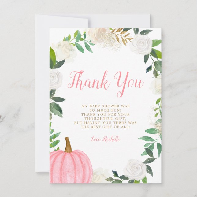 Carte De Remerciements Floral verdure rose Citrouille Automne Baby shower (Devant)