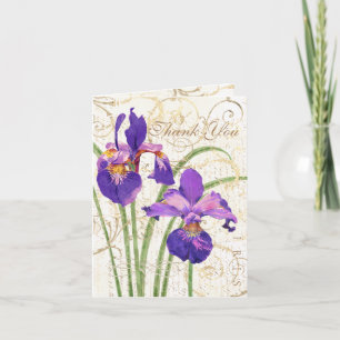 Carte De Remerciements Floral violet Iris or damassé blanc