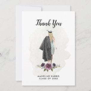 Carte De Remerciements Floral Watercolor Girl Custom Photo Graduation