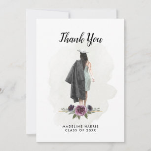 Carte De Remerciements Floral Watercolor Girl Custom Photo Graduation