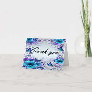 Carte de remerciements Florale Bleue Et Papillon