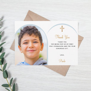 Carte De Remerciements Floraux bleus photo garçon Croix d'or Première com