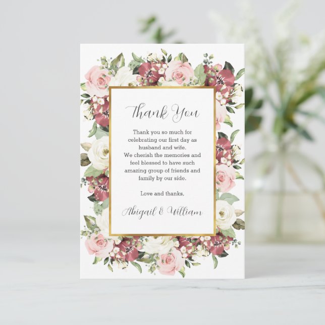 Carte De Remerciements Flore rose-mauve sur mesure Gold Frame Sage Vert (Debout devant)