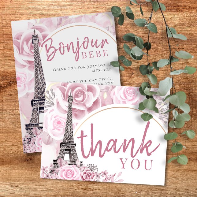 Carte De Remerciements Flore rose or Bonjour Bebe Baby shower plat (Créateur téléchargé)