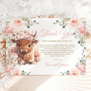 Carte De Remerciements Fluffy Highland Cow Rose Blush Floral Baby shower