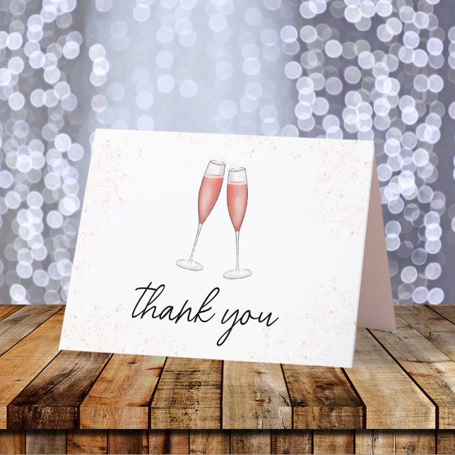 Carte De Remerciements Flûtes à champagne aquarelle pour brunch rose et b (Pink champagne flutes thank you card. With calligraphy script. )