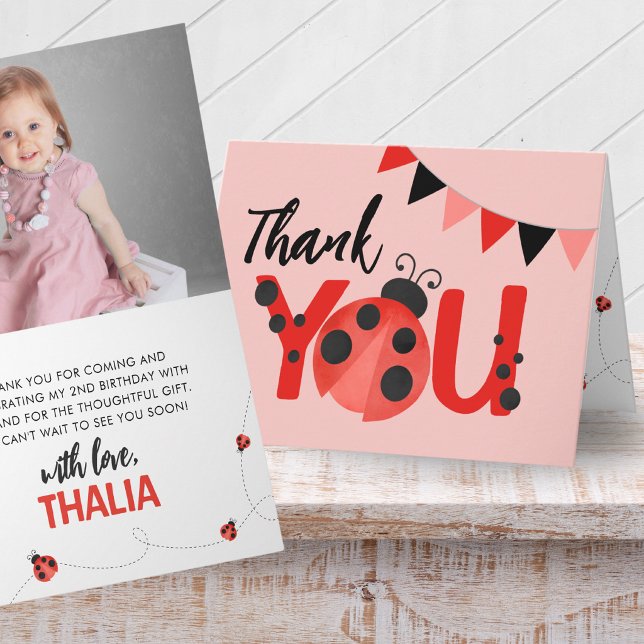 Carte De Remerciements Folding Pink Ladybug Photo Thank You (Sweet Watercolor Ladybug Folding Thank You Cards in Light Salmon Pink. Personalized Inside.)