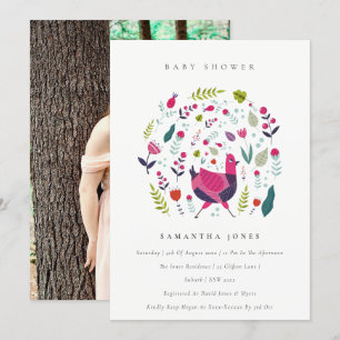 Carte De Remerciements Folk Farm Floral Birdie Baby shower photo Invitati