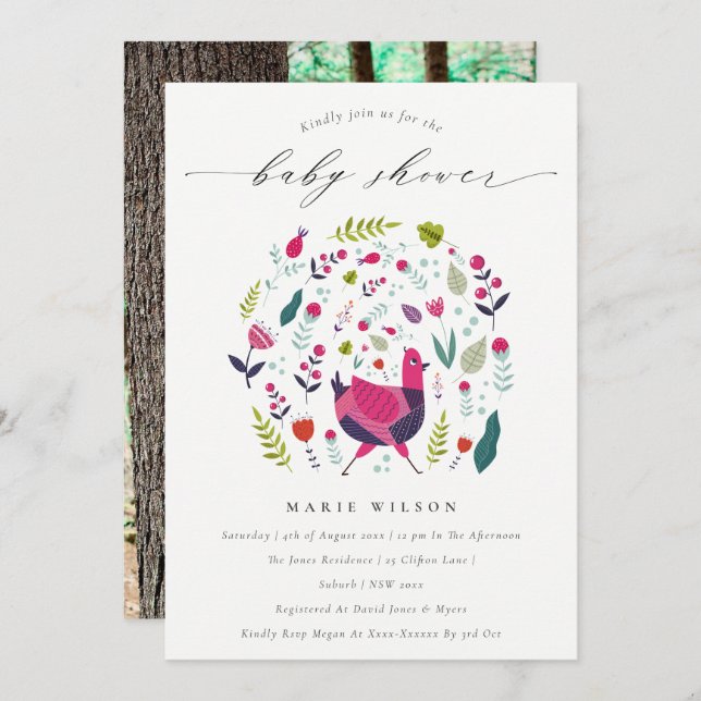 Carte De Remerciements Folk Farm Floral Birdie Baby shower photo Invitati (Devant / Derrière)