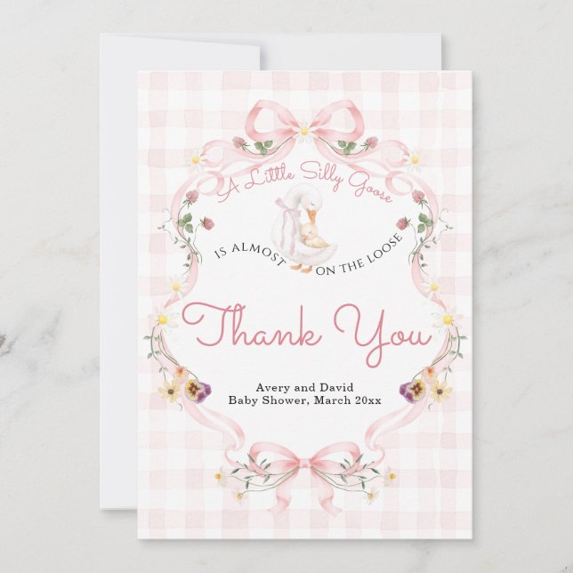 Carte De Remerciements Folle Oie Bébé Rose Editable Arc Bow (Devant)