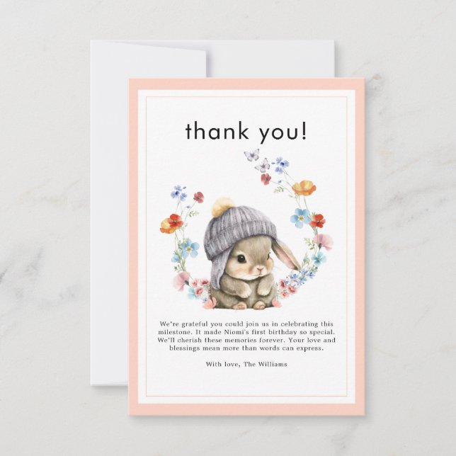 Carte De Remerciements Forest Animal Bunny Botanical 1st Birthday  (Devant)