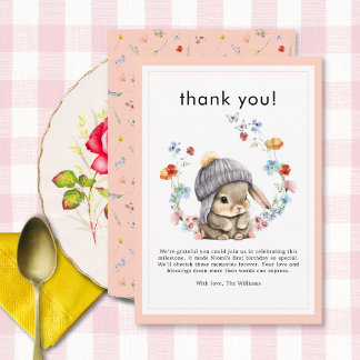 Carte De Remerciements Forest Animal Bunny Botanical 1st Birthday 