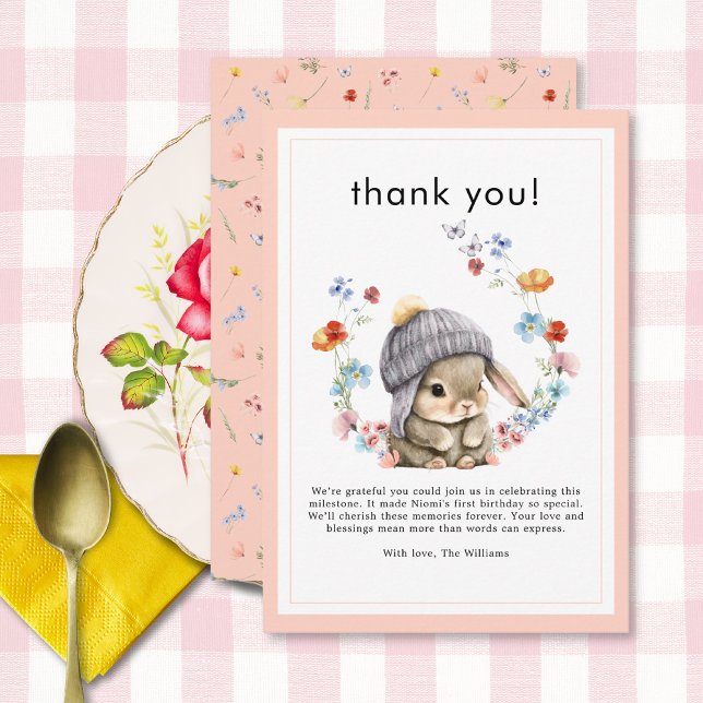 Carte De Remerciements Forest Animal Bunny Botanical 1st Birthday  (Forest Animal Bunny Botanical 1st Birthday Thank You Card 2)
