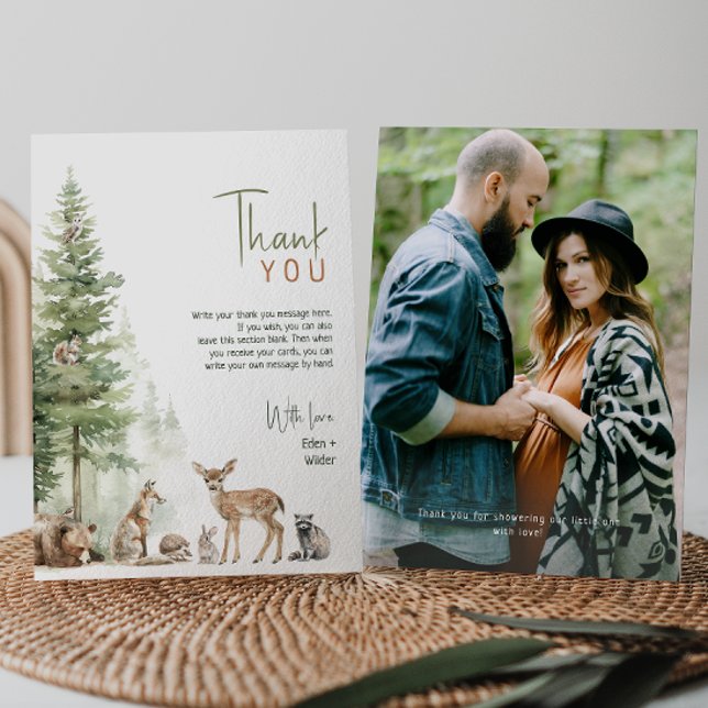 Carte De Remerciements Forêt Bois Animaux Baby shower photo plat (Créateur téléchargé)