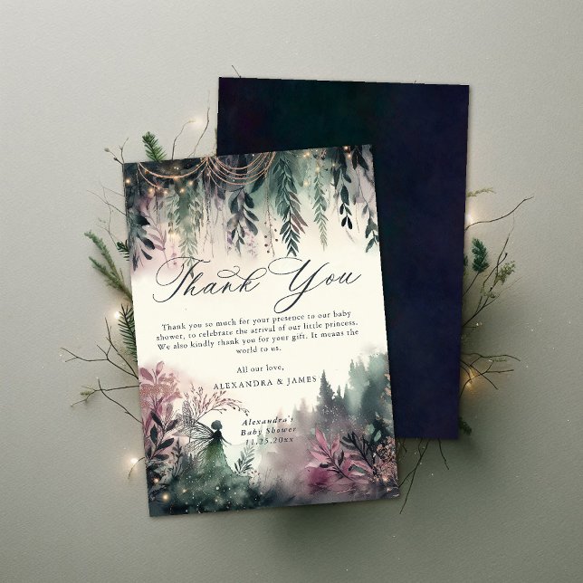 Carte De Remerciements Forêt enchantée Montagnes de la fée Baby shower ma (baby shower thank you card enchanted forest fairy mountains emerald mauve watercolor elegant simple)