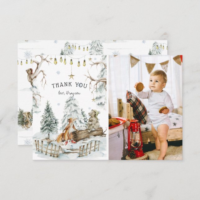 Carte De Remerciements Forêt forestière Animaux d'hiver Anniversaire Merc (Devant / Derrière)