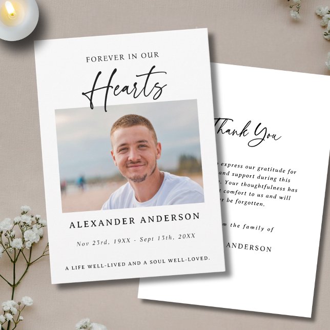 Carte De Remerciements Forever in Our Hearts Black White Memorial Funeral (Créateur téléchargé)
