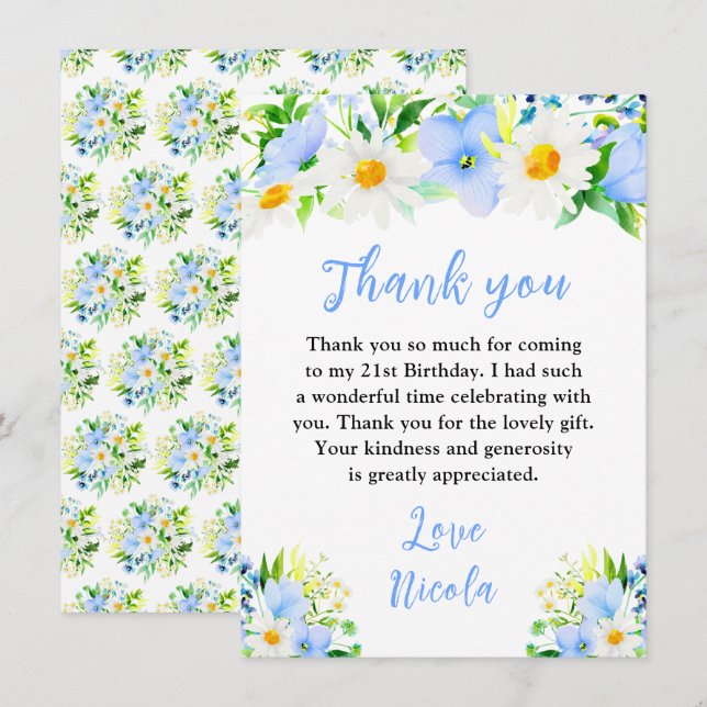 Carte De Remerciements Forget-Me-Nots and Daisies Floral Birthday (Devant / Derrière)
