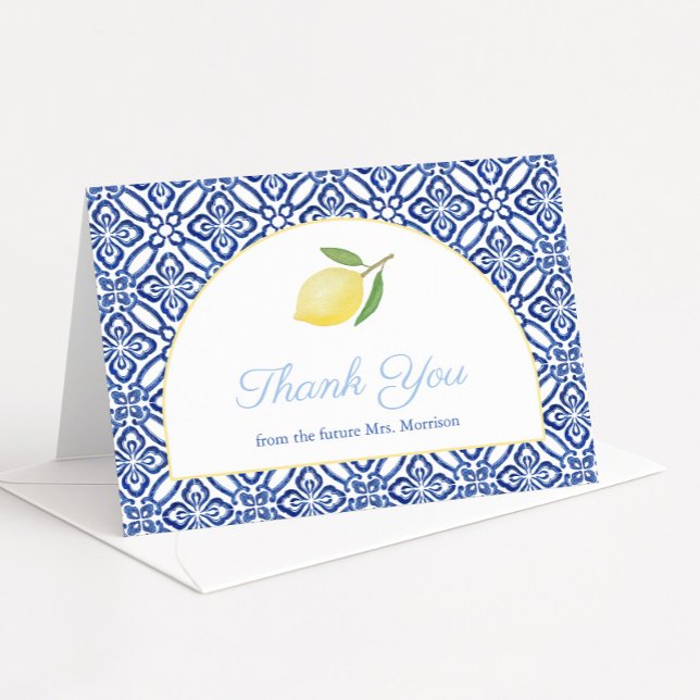 Carte De Remerciements Forme d'arche élégante Amalfi Lemons Shower de mar (Lemons thank you card with blue tiles and modern arch detail)