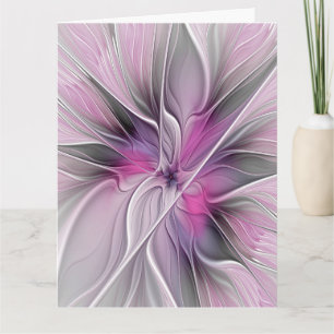 Carte De Remerciements Fractal Floral Moderne Abstrait Fleur Rose Gris
