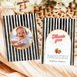 Carte De Remerciements Fraise de Photo d'anniversaire Rustique Noir Or Bl