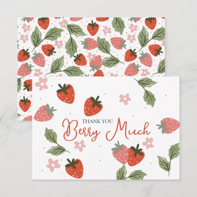 Carte De Remerciements Fraise Thème Fille Anniversaire (Devant / Derrière)