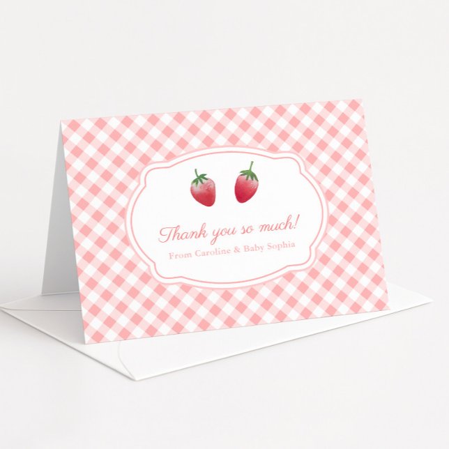 Carte De Remerciements Fraises Sucrées aux Fraises et à Carreaux Roses et (Berry Sweet watercolor strawberries & pink gingham folding thank you card for baby or bridal shower)