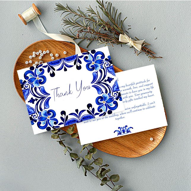 Carte De Remerciements French Blue Mediterranean tuiles enterrement de vi (French Blue Mediterranean folk art tiles bridal shower Thank You Cards wedding thank you cards)