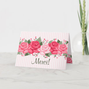Carte De Remerciements French Chic Pink Roses and Stripes Note Card
