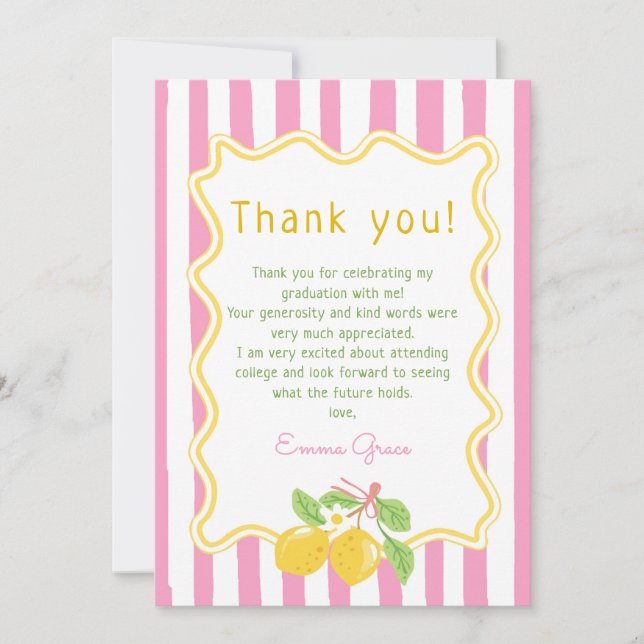 Carte De Remerciements Freshly Graduated Lemon Pink Stripes Graduation (Devant)
