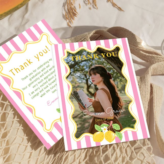 Carte De Remerciements Freshly Graduated Lemon Pink Stripes Graduation (Créateur téléchargé)