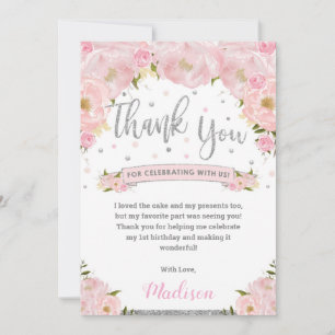 Carte De Remerciements Fuchsia Floral Argent Fête d'Anniversaire Baby Sho