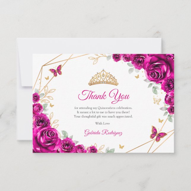 Carte De Remerciements Fuchsia Pink Gold Floral Quinceanera (Devant)