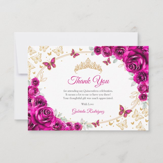 Carte De Remerciements Fuchsia Pink Gold Floral Quinceanera (Devant)