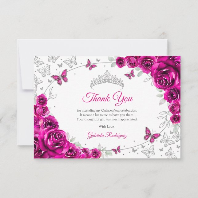 Carte De Remerciements Fuchsia Pink Silver Floral Quinceanera (Devant)