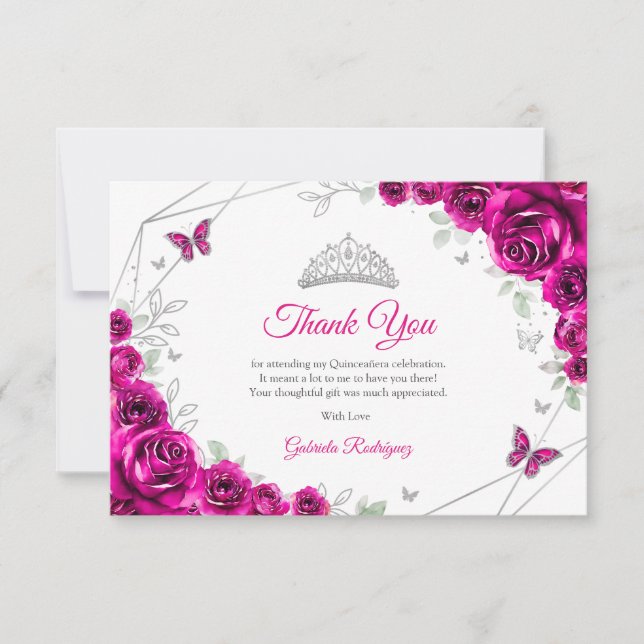 Carte De Remerciements Fuchsia Pink Silver Floral Quinceanera (Devant)