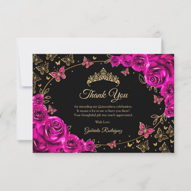 Carte De Remerciements Fuchsia Rose Gold Quinceanera (Devant)
