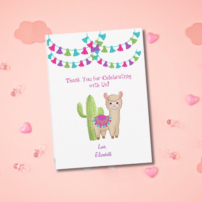 Carte De Remerciements Fun Llama entier rose violet Cactus enfant anniver (Llama and Cactus Child's birthday thank you card.)