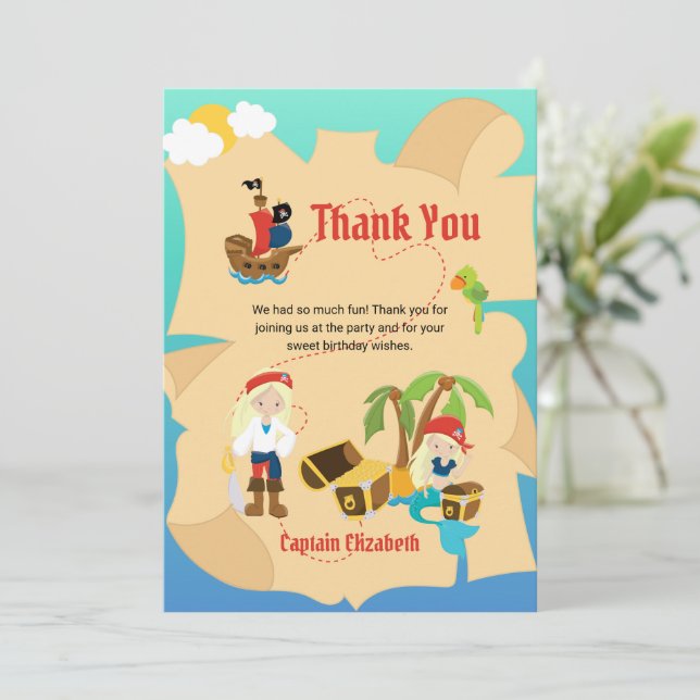 Carte De Remerciements Fun Pirate Girl Mermaid Treasure Map Personnalisé (Debout devant)