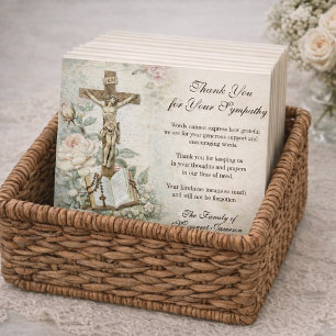 Carte De Remerciements Funérailles catholique Jésus Roses Croix Condoléan