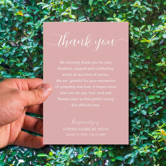 Carte De Remerciements Funérailles de script élégant (Simple pink funeral thank you cards are 3.5" x 5" or choose a different size)