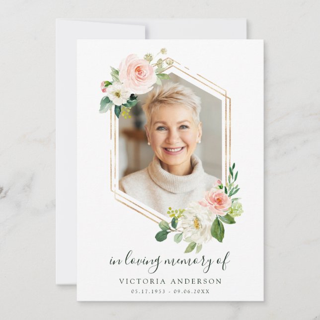 Carte De Remerciements Funérailles d'Hexagon d'or à fleurs blanches (Devant)
