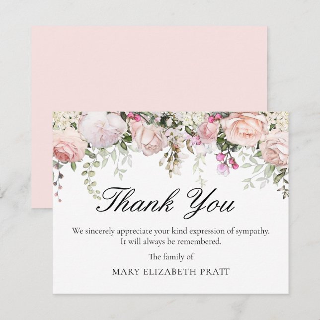 Carte De Remerciements Funérailles florales rose (Devant / Derrière)