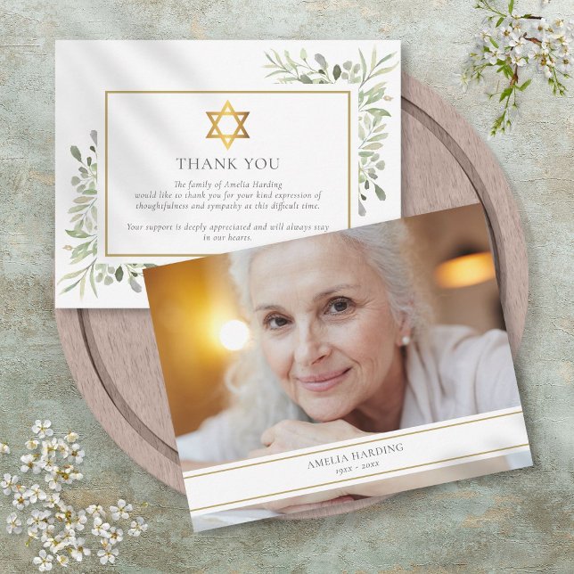 Carte De Remerciements Funérailles Juives Foliage Or Star Of David Photo (Jewish Funeral Foliage Gold Star Of David Photo Thank You Card)