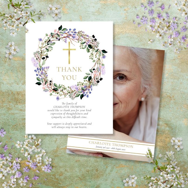 Carte De Remerciements Funérailles Memorial Lavender Floral Christian Pho (Funeral Memorial Lavender Floral Christian Photo Thank You Card)