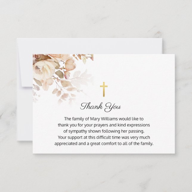 Carte De Remerciements Funérailles Mémorial religieux Aquarelle Croix flo (Devant)